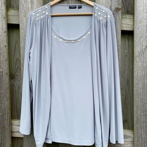 Studded Silver grey open front pleated blouse with attached tank shell L…